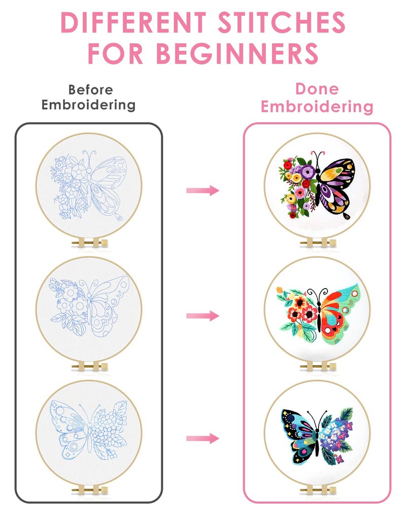 TINDTOP 3 Sets Embroidery Stitch Practice kit, Butterfly Flower Embroidery Kit for Beginners Include Cloth Hoops Threads for Craft Lover Hand Stitch with Embroidery Skill Techniques - Image 3