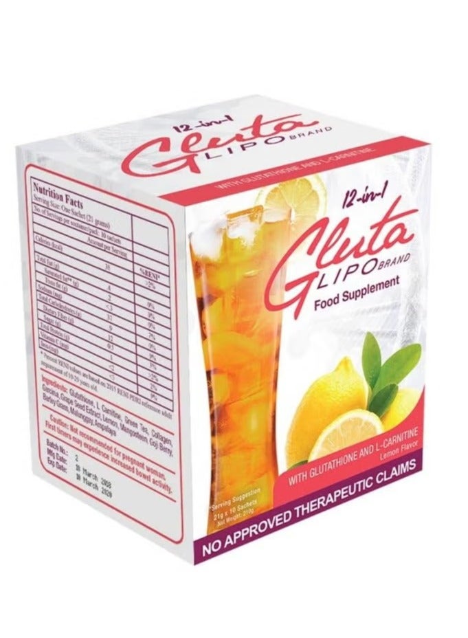 جلوتا مشروب جلوتا ليبو ١٢ في ١ لإزالة السموم | جلوتاثيون + إل-كارنيتين | بنكهة الليمون | ١٠ أكياس | إدارة الوزن وتنظيف الجسم - Image 1