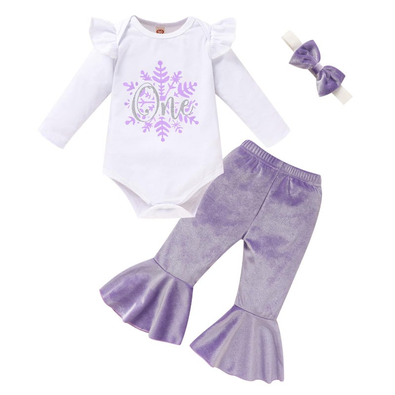 Viworld Baby Girl Birthday Clothes Snowflake First One Long Sleeve Romper+Velvet Flared Pants+Headband 3Pcs Cake Smash Outfits(Purple,12-18M) - Image 1