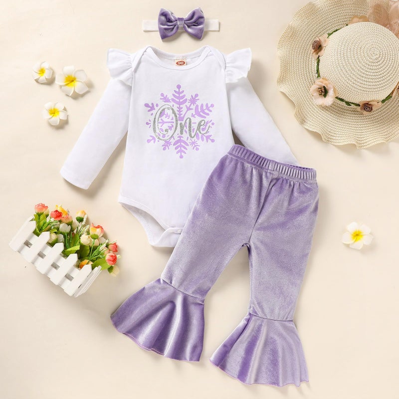 Viworld Baby Girl Birthday Clothes Snowflake First One Long Sleeve Romper+Velvet Flared Pants+Headband 3Pcs Cake Smash Outfits(Purple,12-18M) - Image 3