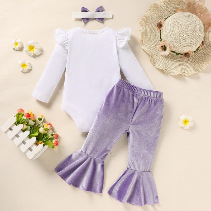 Viworld Baby Girl Birthday Clothes Snowflake First One Long Sleeve Romper+Velvet Flared Pants+Headband 3Pcs Cake Smash Outfits(Purple,12-18M) - Image 4