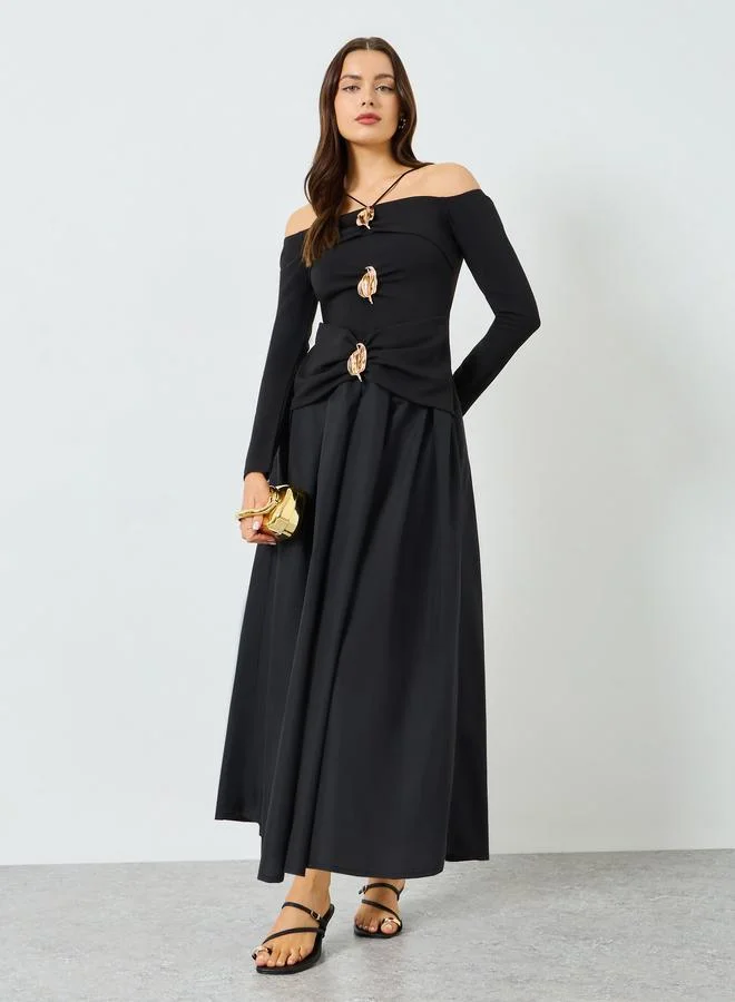Take Two Black Off-Shoulder Midi Dress with Embellished Leaf Detail