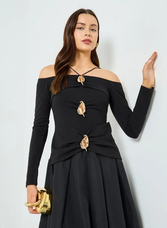 Take Two Black Off-Shoulder Midi Dress with Embellished Leaf Detail