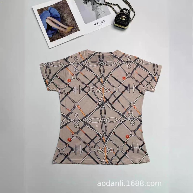 Summer Women'S Fashion Trend Full-Body Printed Baby Cotton Color Pattern Elegant Slim Round Neck Short - Image 1