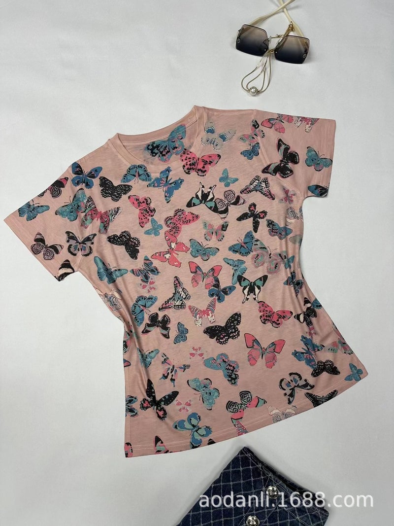 Summer Women'S Fashion Trend Full-Body Printed Baby Cotton Color Pattern Elegant Slim Round Neck Short - Image 2