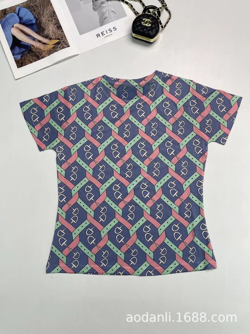 Summer Women'S Fashion Trend Full-Body Printed Baby Cotton Color Pattern Elegant Slim Round Neck Short - Image 4