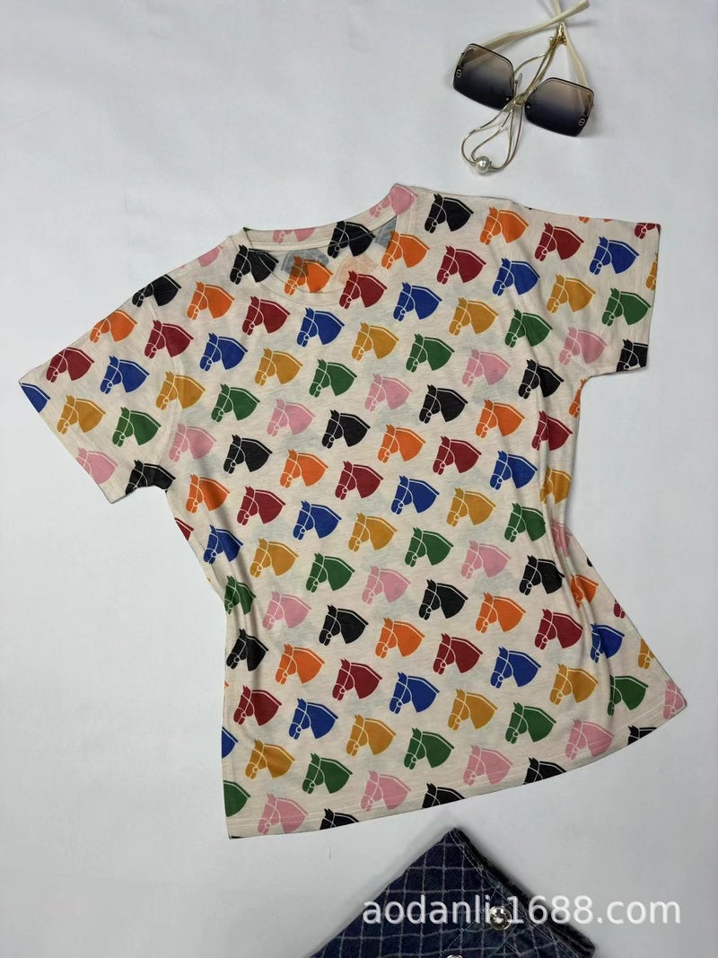 Summer Women'S Fashion Trend Full-Body Printed Baby Cotton Color Pattern Elegant Slim Round Neck Short - Image 3