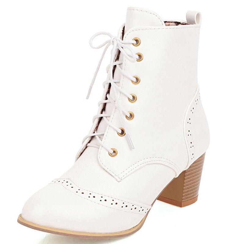 Vintage Ankle Boots Carved Front Lace-Up Mid-Heel Large Size Women'S Boots 9-2 - Image 2