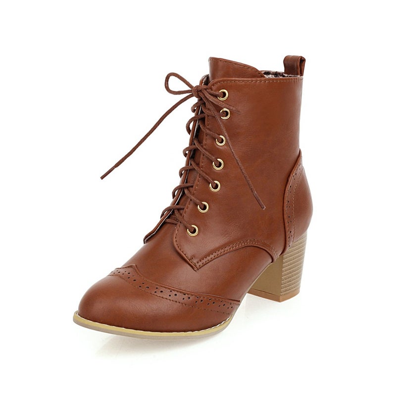 Vintage Ankle Boots Carved Front Lace-Up Mid-Heel Large Size Women'S Boots 9-2 - Image 1