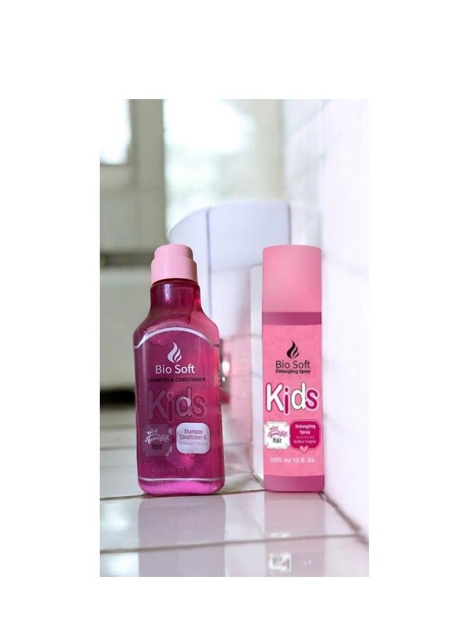 Bio Soft Kids 2 in 1 Shampoo & Conditioner 490ML-pink + bio soft Kids Detangling Spray 200ML- pink