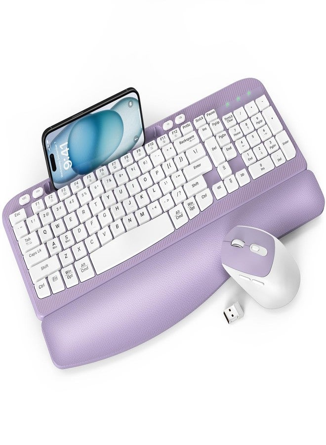EAYBLLY Wireless Keyboard and Mouse Combo, Wave Keys Wireless Ergonomic Keyboard with Cushioned Wrist Rest, Phone Holder, 2.4GHz Silent Cordless Keyboard Mouse Set for Computer, Laptop, PC, Windows - Image 1