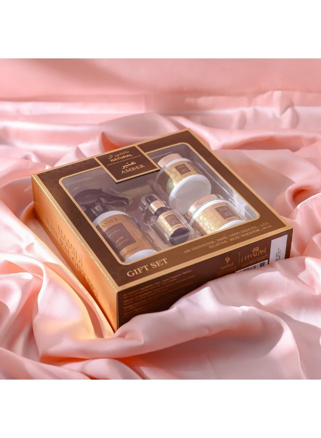 DANUBE HOME Danube Home Natural Amber 4 Pcs Gift Set - Air Freshener (300Ml)+Bakhoor (50Gm)+Muattar (40Gm)+Diffusion Oil (15Ml) Premium Home Fragrance Long-Lasting Scent For Rooms