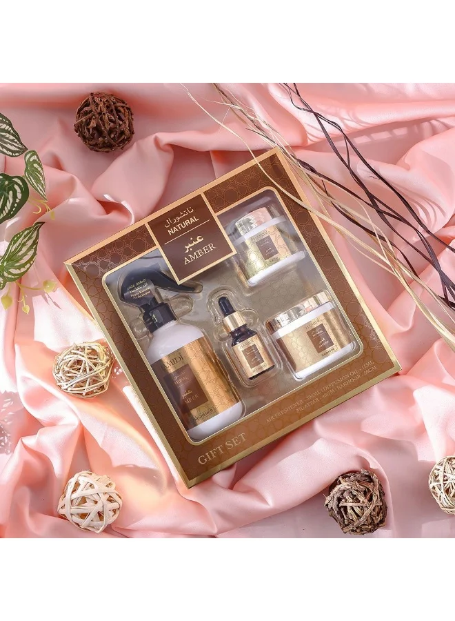 DANUBE HOME Danube Home Natural Amber 4 Pcs Gift Set - Air Freshener (300Ml)+Bakhoor (50Gm)+Muattar (40Gm)+Diffusion Oil (15Ml) Premium Home Fragrance Long-Lasting Scent For Rooms