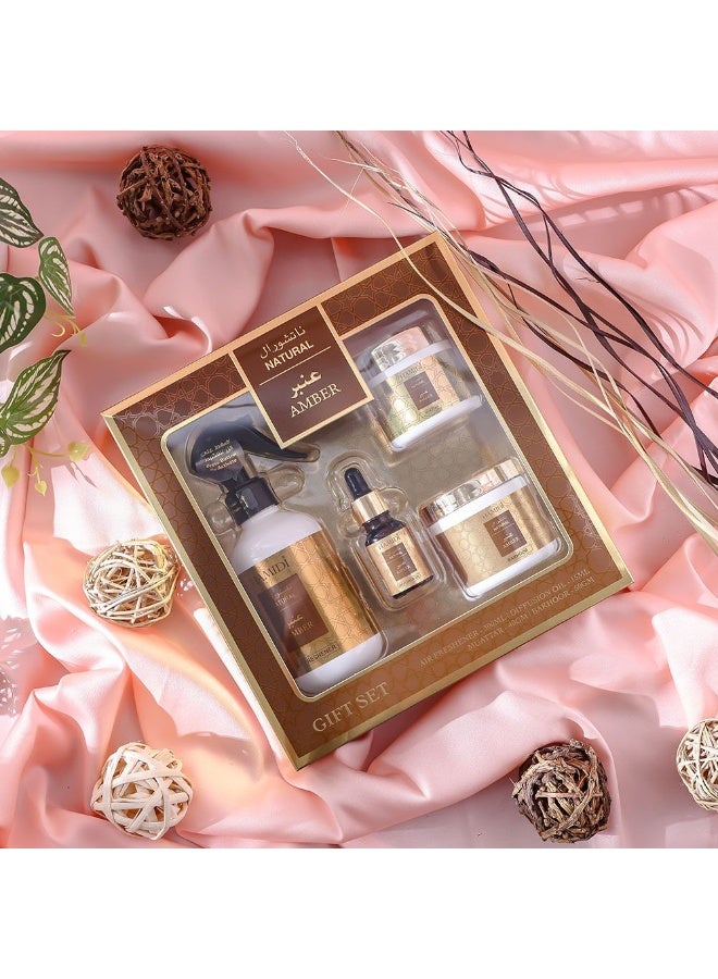 DANUBE HOME Danube Home Natural Amber 4 Pcs Gift Set - Air Freshener (300Ml)+Bakhoor (50Gm)+Muattar (40Gm)+Diffusion Oil (15Ml) Premium Home Fragrance Long-Lasting Scent For Rooms - Image 2