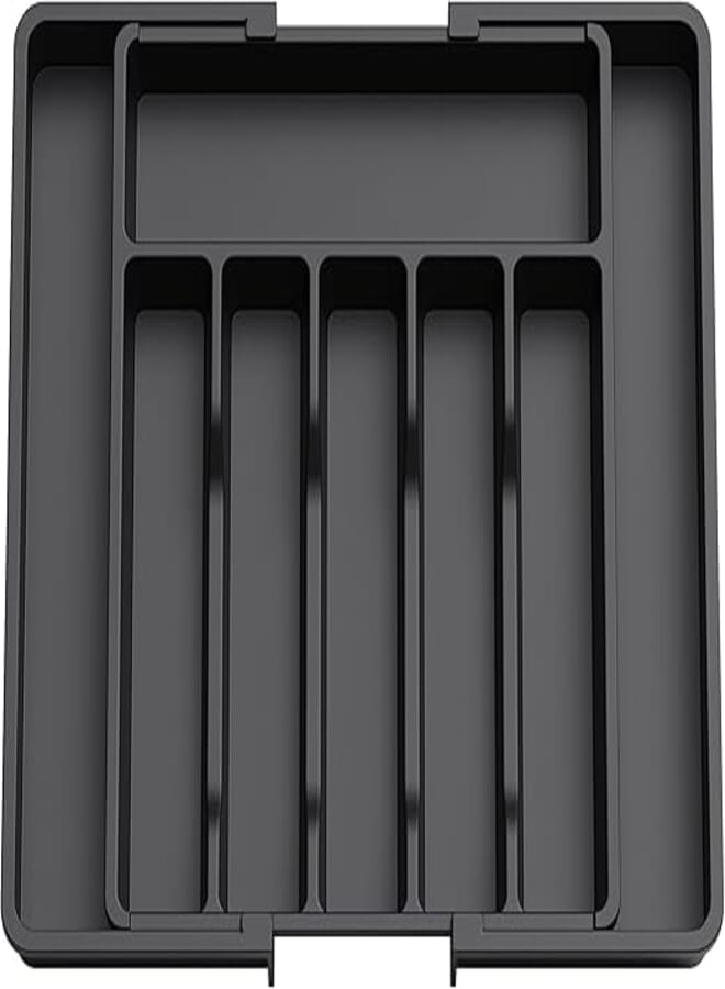 TRASSLE Silverware Drawer Organizer, Expandable Utensil Tray for Kitchen, Adjustable Flatware and Cutlery Holder, Compact Plastic Storage for Spoons Forks Knives, Large (Black)
