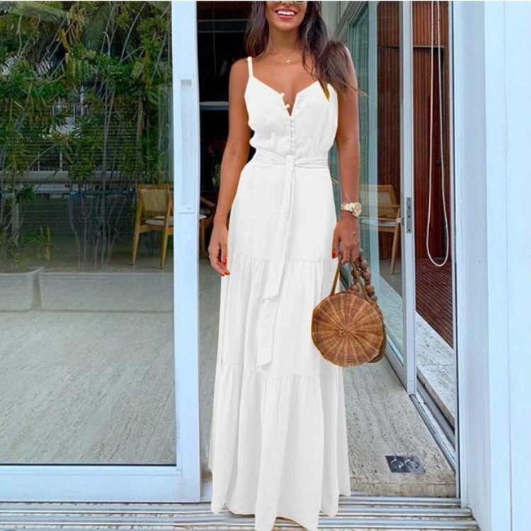 2021 summer new European and American women's clothing personalized button V-neck stitching suspender dress white 2XL - Image 5