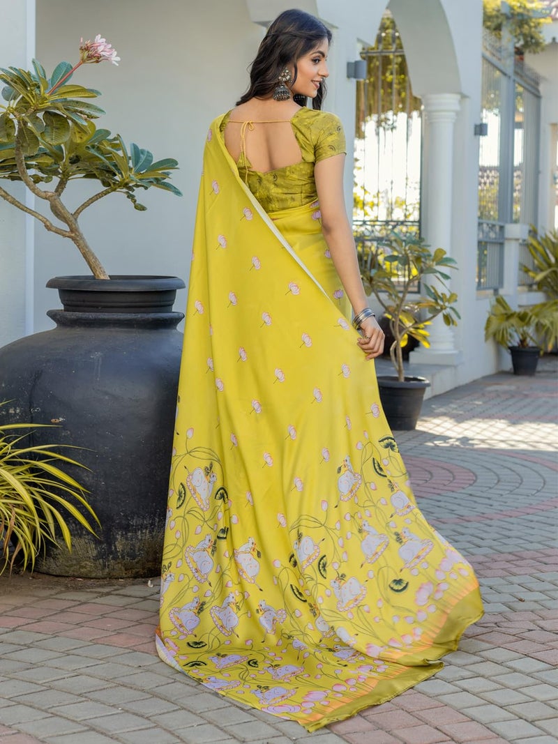 saree mall ساري مول ساري ساتان أصفر مطبوع بحيوانات للنساء مع قطعة بلوزة غير مخيطة (ELASKA114_SU) - Image 2