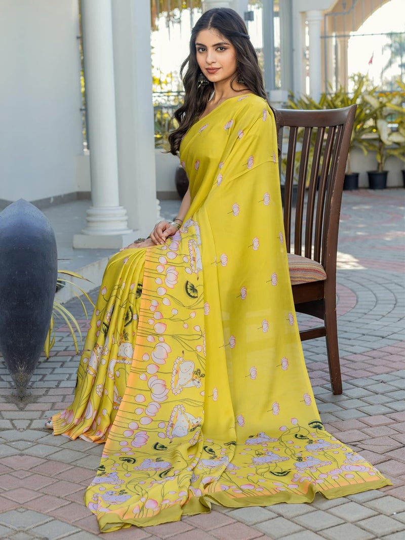 saree mall ساري مول ساري ساتان أصفر مطبوع بحيوانات للنساء مع قطعة بلوزة غير مخيطة (ELASKA114_SU) - Image 5