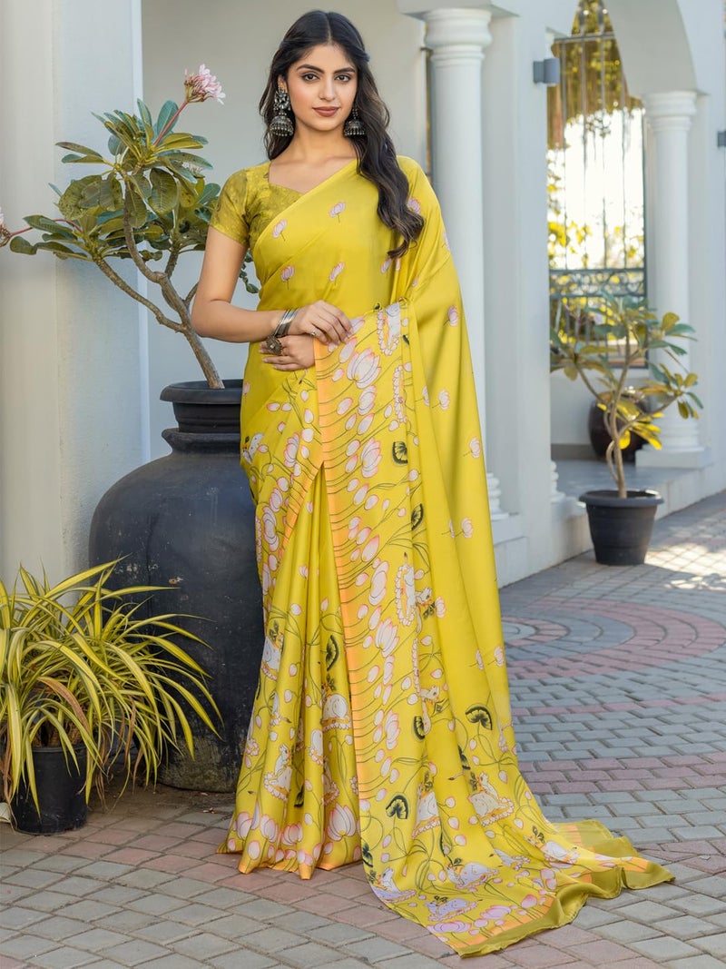 saree mall ساري مول ساري ساتان أصفر مطبوع بحيوانات للنساء مع قطعة بلوزة غير مخيطة (ELASKA114_SU) - Image 3