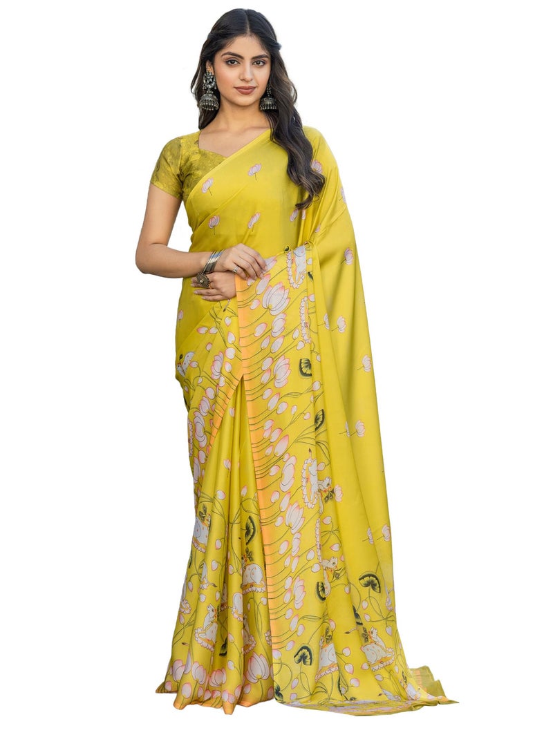 saree mall ساري مول ساري ساتان أصفر مطبوع بحيوانات للنساء مع قطعة بلوزة غير مخيطة (ELASKA114_SU) - Image 1