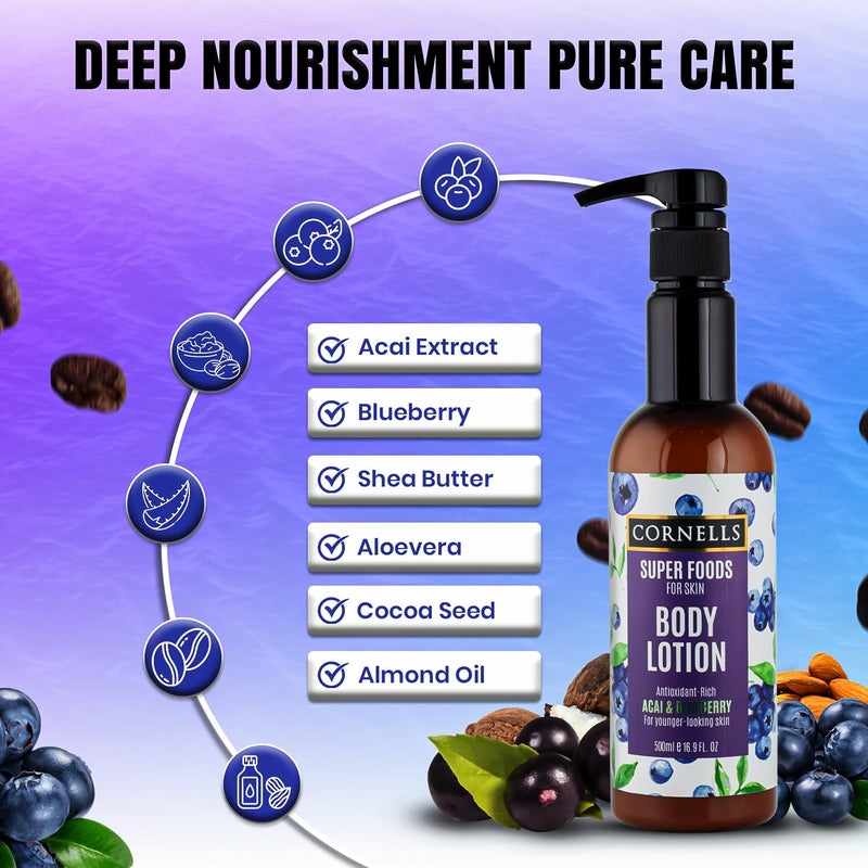 CORNELLS WELLNESS CORNELLS Super Foods Acai & Blueberry Body Lotion for Younger Looking Skin for Men & Women | Antioxidant-Rich & Moisturizing | Paraben & Sulfate Free - 500ml - Image 4