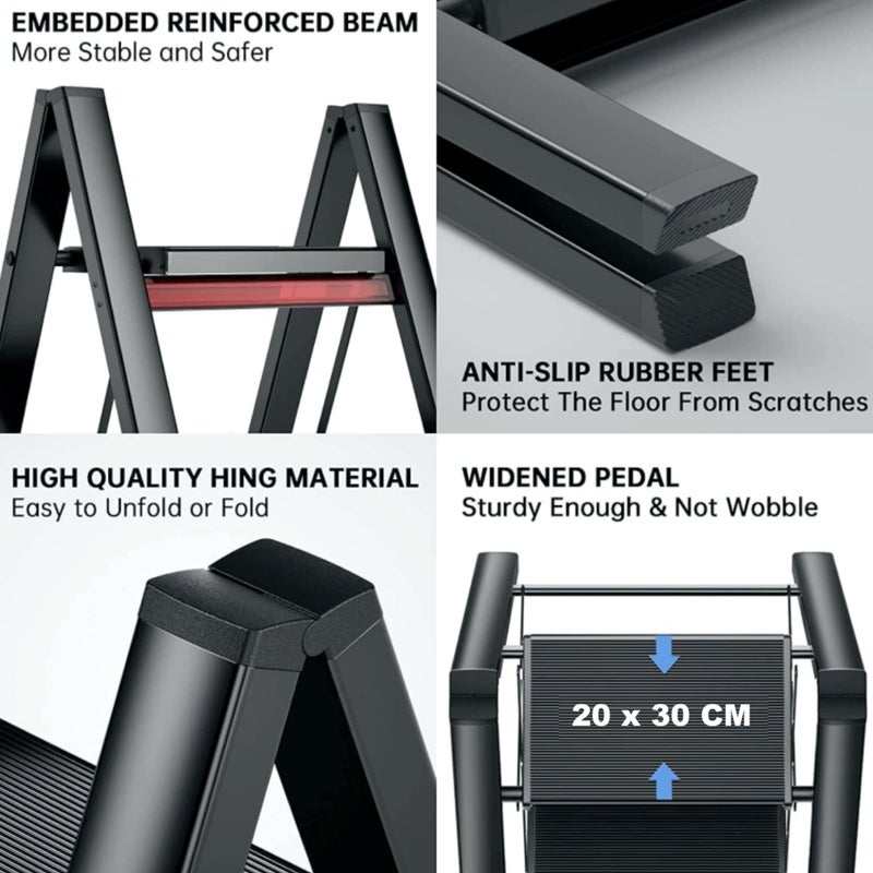 HEXAR GECKO 3 Step Ladder Folding Step Stool with Wide Anti-Slip Pedal 150kg Portable Ladders for Home and Office Use Kitchen (3 Step Ladder) - Image 3