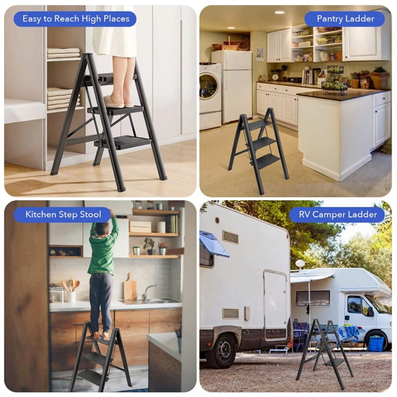 HEXAR GECKO 3 Step Ladder Folding Step Stool with Wide Anti-Slip Pedal 150kg Portable Ladders for Home and Office Use Kitchen (3 Step Ladder) - Image 4