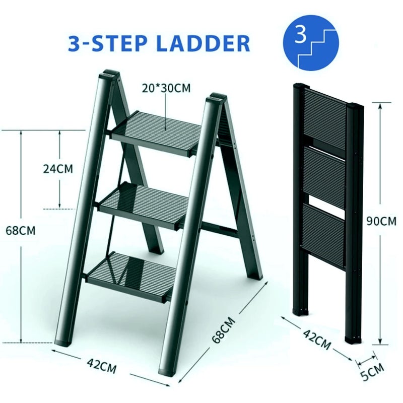 HEXAR GECKO 3 Step Ladder Folding Step Stool with Wide Anti-Slip Pedal 150kg Portable Ladders for Home and Office Use Kitchen (3 Step Ladder) - Image 2