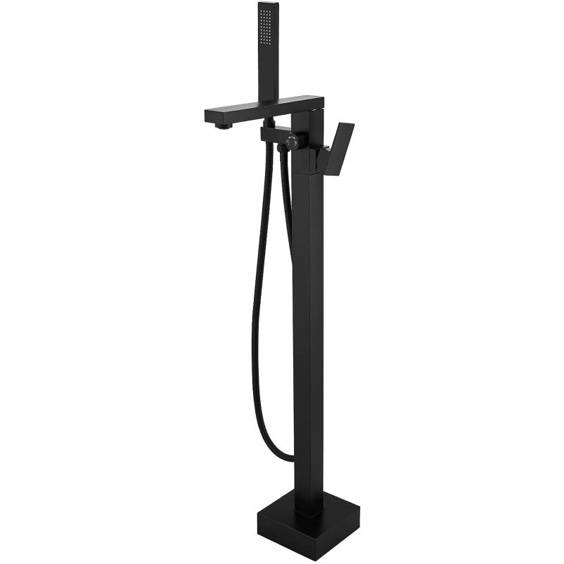 FAHKNS Matte Black Freestanding Bathtub Faucet Bathtub Filler Floor Standing Bathtub Faucet Single Handle Brass Faucet High Flow Shower Faucet with Hand Shower Rustproof Surface