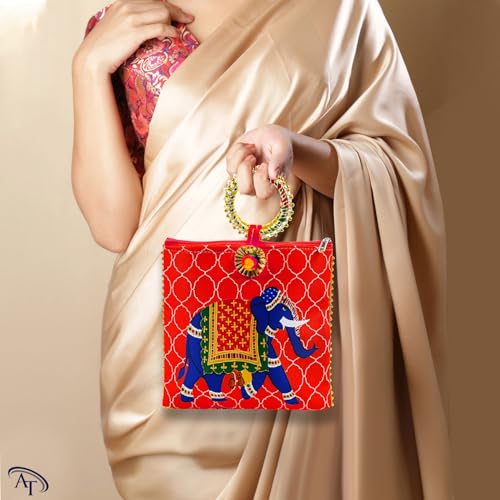 AT Ankit Traders Women Potli Bags Pack of 6 | Gifting Potli with Zip & Bangle Handle | Traditional Shagun Return Gifts Potli for Mehandi, Haldi, Baby Shower, Wedding, Sangeet (Elephant Print) - Image 4