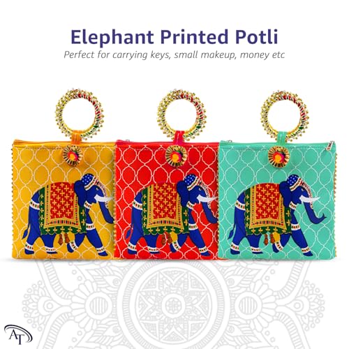 AT Ankit Traders Women Potli Bags Pack of 6 | Gifting Potli with Zip & Bangle Handle | Traditional Shagun Return Gifts Potli for Mehandi, Haldi, Baby Shower, Wedding, Sangeet (Elephant Print) - Image 3