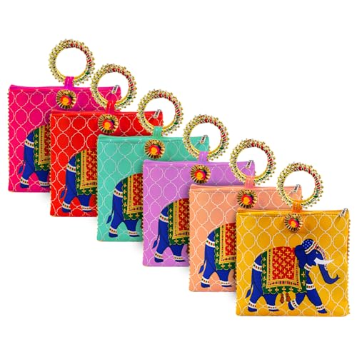 AT Ankit Traders Women Potli Bags Pack of 6 | Gifting Potli with Zip & Bangle Handle | Traditional Shagun Return Gifts Potli for Mehandi, Haldi, Baby Shower, Wedding, Sangeet (Elephant Print) - Image 1