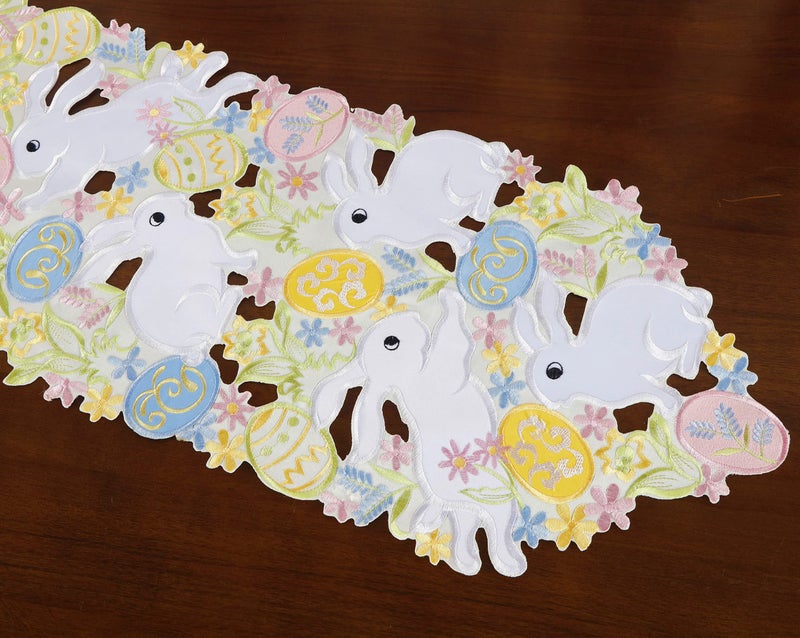 GRANDDECO Easter Table Runner Spring Bunnys Flowery Table Runner Cutwork Embroidered Floral and Bunnys Dresser Scarf Table Topper Home Kitchen Dining Tabletop Decoration (Runner 13"×36", Bunny) - Image 4