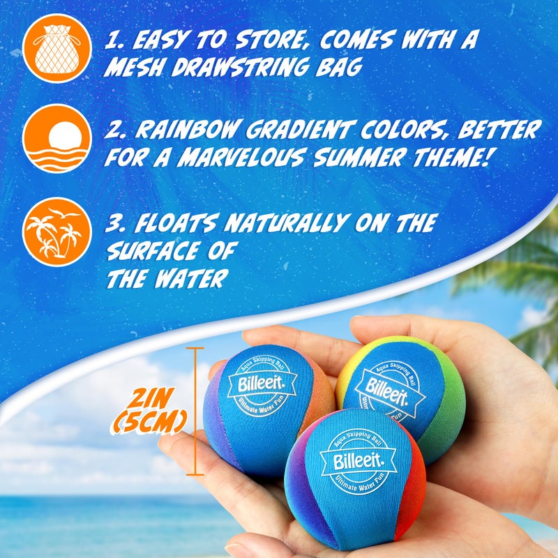 Billeeit 5Pcs Water Skipping Balls for Pool Play, Rainbow Color Splash Water Bouncing Balls with Portable Mesh Bag, Fun Beach Toys & Games for Kids 3+ 4-8-12 and Adults - Image 2