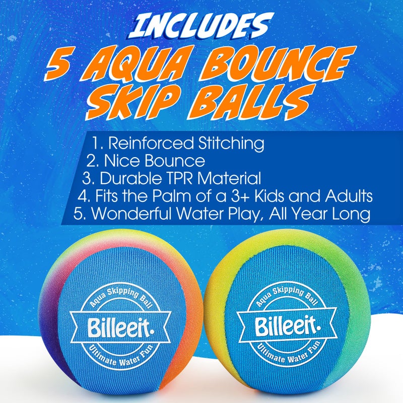 Billeeit 5Pcs Water Skipping Balls for Pool Play, Rainbow Color Splash Water Bouncing Balls with Portable Mesh Bag, Fun Beach Toys & Games for Kids 3+ 4-8-12 and Adults - Image 3