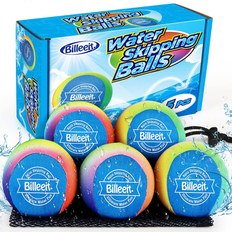 Billeeit 5Pcs Water Skipping Balls for Pool Play, Rainbow Color Splash Water Bouncing Balls with Portable Mesh Bag, Fun Beach Toys & Games for Kids 3+ 4-8-12 and Adults - Image 1