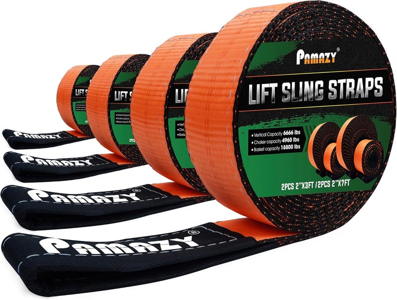 PAMAZY 2PCS 2”x3FT & 2PCS 2”x7FT Premium Lift Sling Straps - 18800 Pound Capacity Heavy Duty Eye-Eye Nylon Strap - Image 1