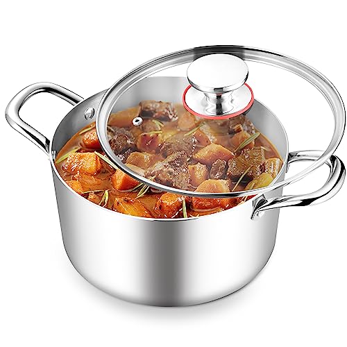 TeamFar 8 Quart Stock Pot Stainless Steel Triply Stockpot Pasta Cooking Pot with Glass Lid for Induction Electric Gas Ceramic Stoves Toxic Free  Heavy Duty Double Handles  Dishwasher Safe