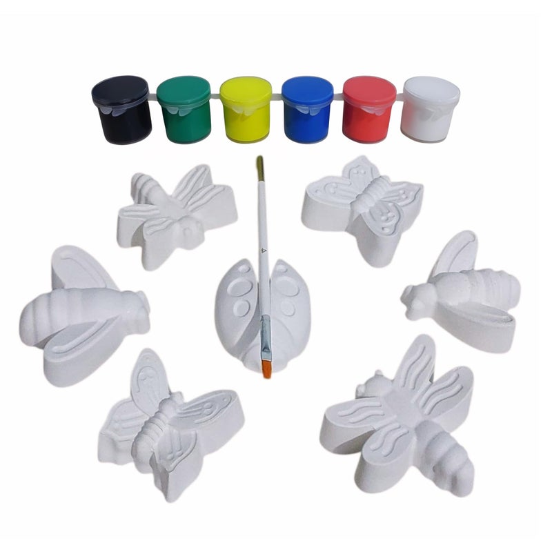 Gypsum Shapes for Coloring -7 Shapes (Butterflies, Bee, Ladybug,..)- 6 Acrylic Colors + Brush - Encourage Children to Replace Phones with Joyful Activity and Learn Basic Colors and Shapes.