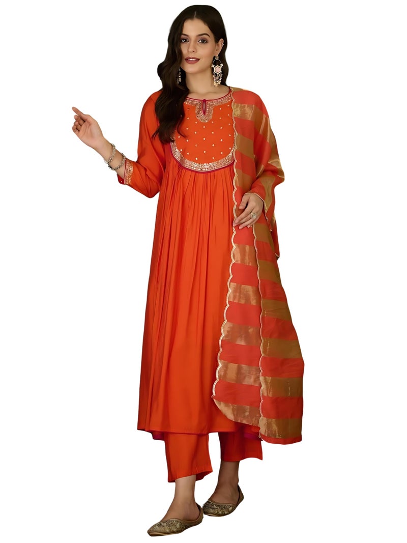Naixa Women's Chanderi Embroidered Flared Kurta with Pant and Dupatta Sets for Wedding Party and Festival Wear (NX-762-Rust-XL) - Image 1