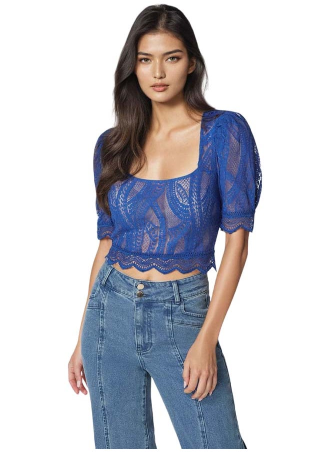 bebe Scallop Hem Lace Trapeze Neck Top  - Image 1