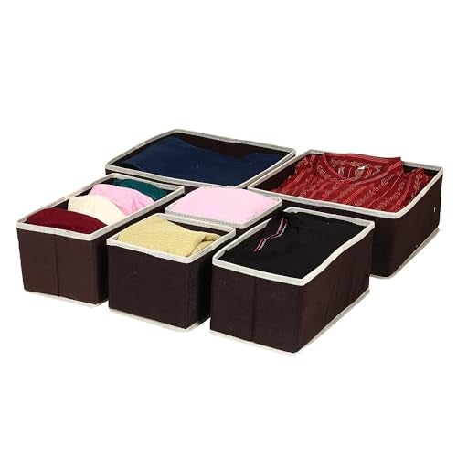 House of Quirk Foldable Cloth Storage Box Closet Dresser Drawer Organizer Cube Basket Bins Containers Divider with Drawers for Underwear, Bras, Socks, Ties, Scarves, Set of 6 (Brown) - Image 1