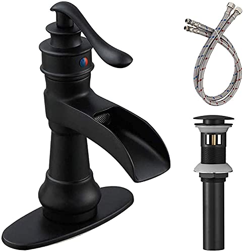 BATHFINESSE Black Bathroom Faucet Sink Waterfall Bath Faucets Single Handle Single Hole Deck Mounted Farmhouse Antique Commercial Matching Pop up Drain Stopper for Sink Supply Lines Hose by Bathfinesse - Image 1