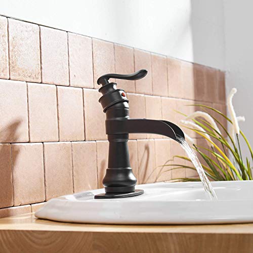 BATHFINESSE Black Bathroom Faucet Sink Waterfall Bath Faucets Single Handle Single Hole Deck Mounted Farmhouse Antique Commercial Matching Pop up Drain Stopper for Sink Supply Lines Hose by Bathfinesse - Image 4