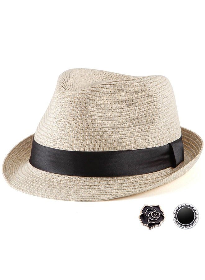 LADYBRO Straw Fedora Hat Mens Fedoras Hats for Men Trilby Hat Sun Hat Panama Hat Beige - Image 1