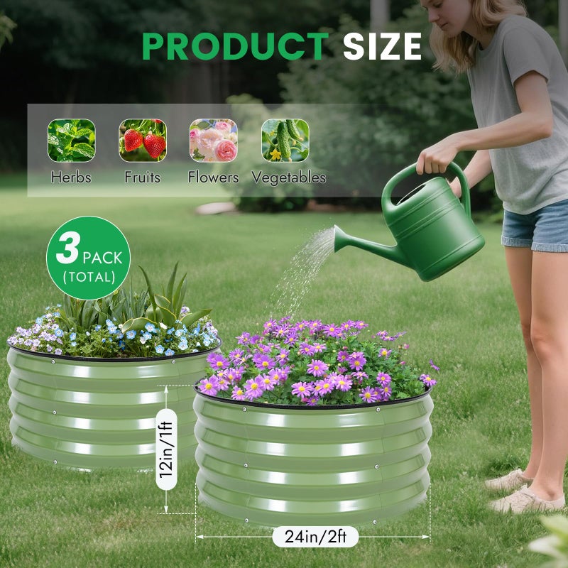 INNO STAGE INNO STAG 3 Pcs Round Galvanized Raised Garden Bed â€” 2Ã—2Ã—1ft Planter Box Outdoor Raised Beds Kit for Gardening Vegetables, Fruits, Herbs, and Flowers, Olive Green - Image 2