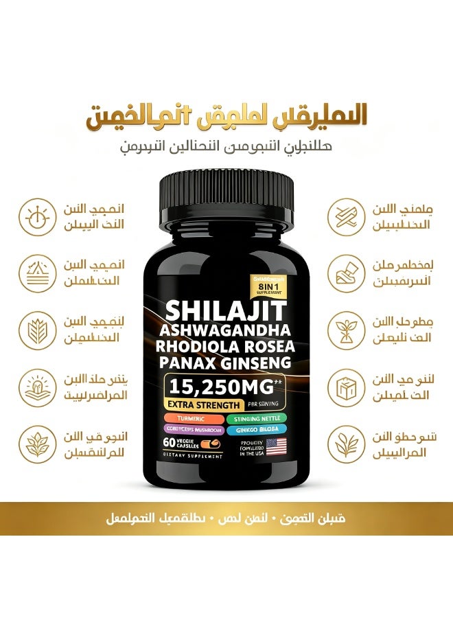 DAZZEL Shilajit Ashwagandha Rhodiola Rosea Panax Ginseng 15250 mg Extra Strength Turmeric Stinging Nettle Cordyceps Mushroom Ginkgo Biloba 60 Veggie Capsules Dietary Supplement - Image 1