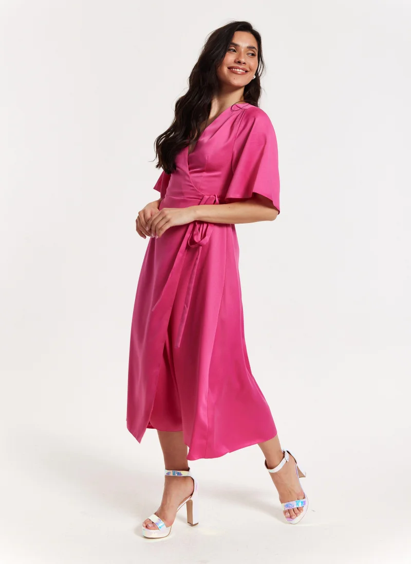 Liquorish  Pink Satin Kimono Sleeve Maxi Wrap Dress for Women | Best Price UAE