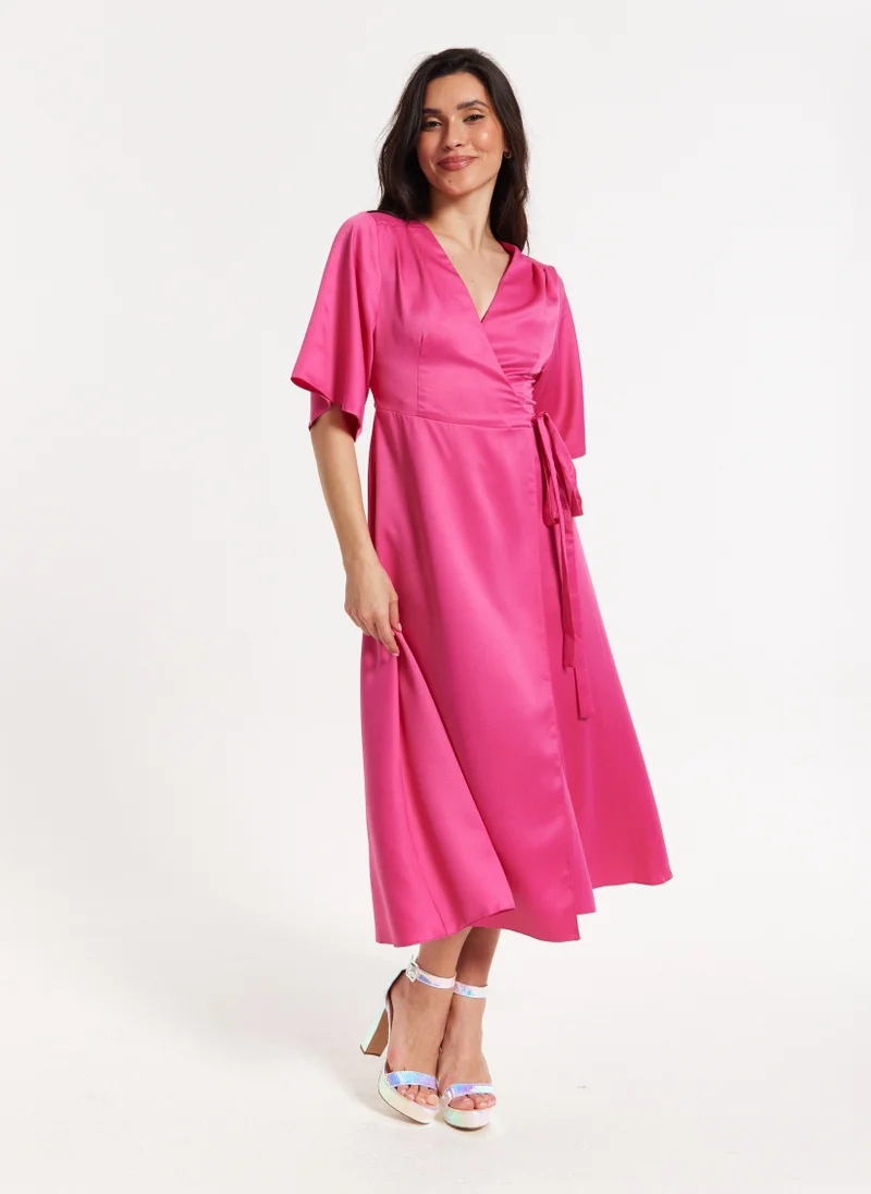 Liquorish  Pink Satin Kimono Sleeve Maxi Wrap Dress for Women | Best Price UAE