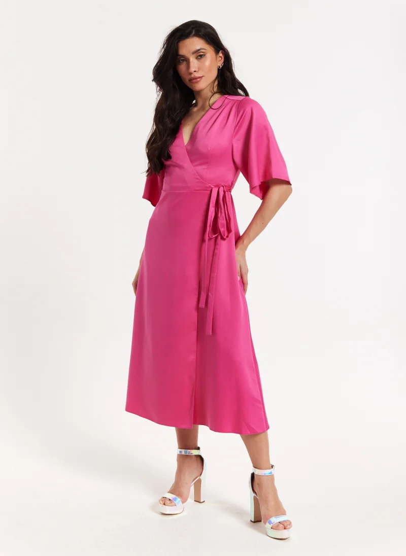 Liquorish  Pink Satin Kimono Sleeve Maxi Wrap Dress for Women | Best Price UAE